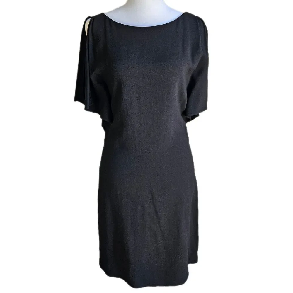 Theory Andzelika Rosina Boat-Neck Crepe Dress Womens 00 Flutter Sleeve Black NWT